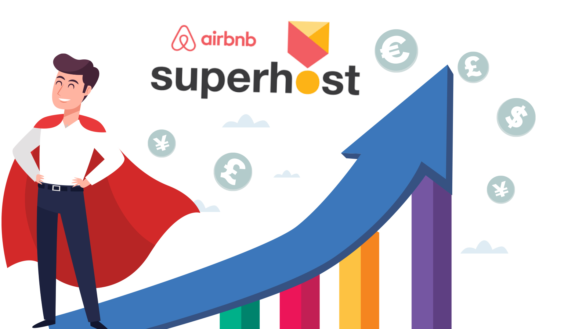 An illustration showing an Airbnb Superhost with symbols indicating increased revenue, labeled 'How to become an Airbnb Superhost.' Various currency icons are depicted to represent earnings.