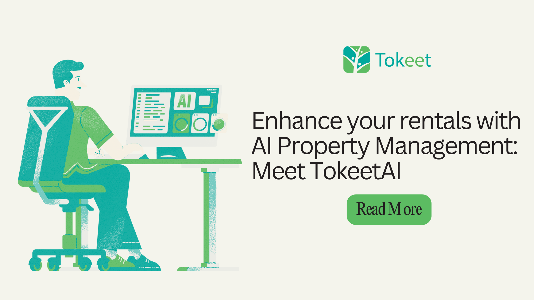 Illustration of a person using a computer with AI property management software, promoting TokeetAI to enhance rentals written on side