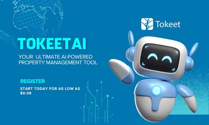 Tokeet AI-powered property management tool advertisement with a friendly robot mascot