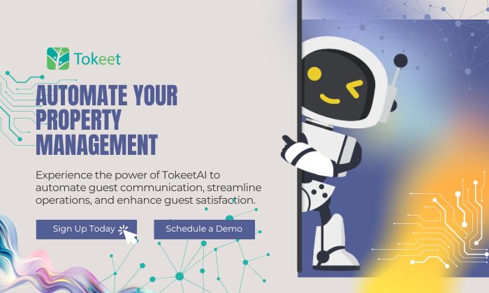 Cute AI robot promoting Tokeet’s property management automation features.