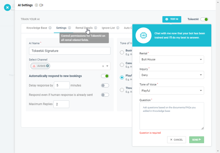 AI settings configuration screen for automating guest communication in Tokeet.