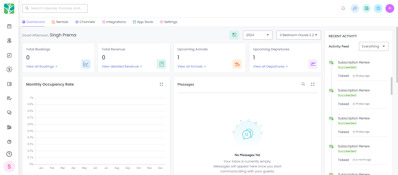 Tokeet Advance dashboard displaying property management automation features such as bookings, revenue, and occupancy rate