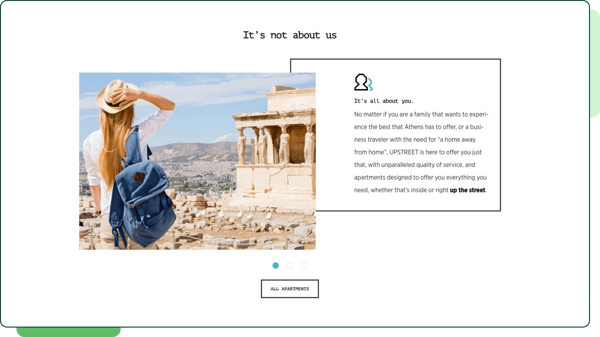 Traveler with a blue backpack overlooking Athens, with text emphasizing Upstreet's customer-first service and tailored apartment experiences.