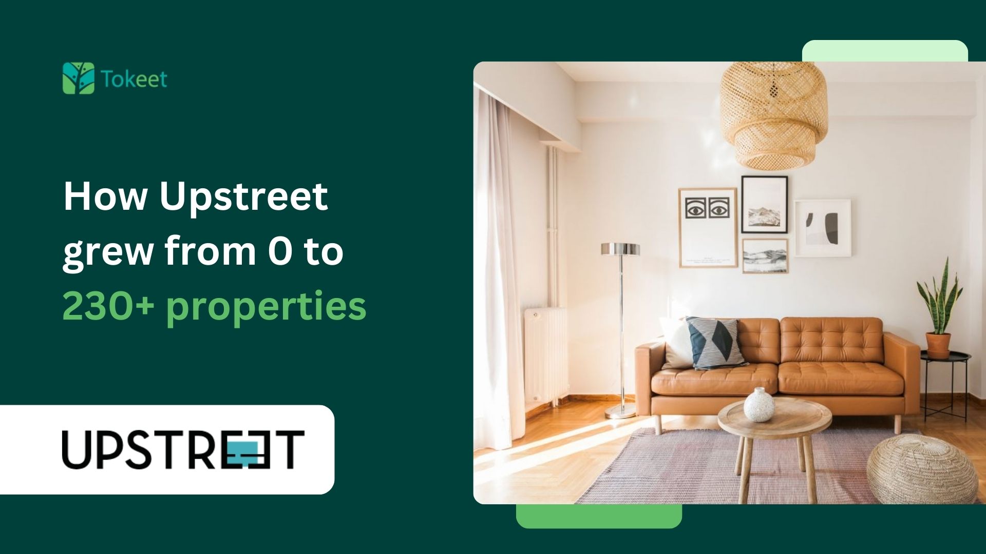 Tokeet case study banner showing a modern living room with a brown leather sofa and minimalist decor. Text reads: 'How Upstreet grew from 0 to 230+ properties' with the Upstreet and Tokeet logos displayed.